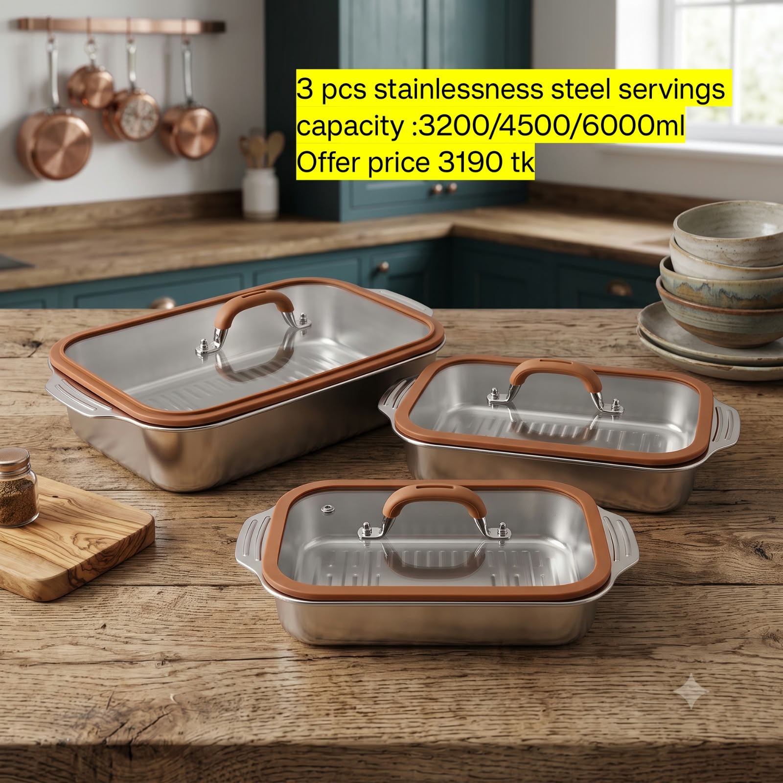 3pcs Silver Stainless Steel Serving Dish With Glass Lid  Flat Silicon lid